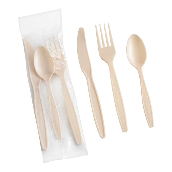 Choice Beige Extra Heavy Weight Wrapped Polystyrene Plastic Cutlery Pack - 500/Case