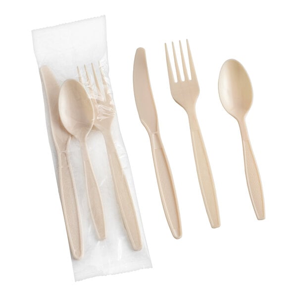 Choice Beige Extra Heavy Weight Wrapped Polystyrene Plastic Cutlery Pack - 500/Case