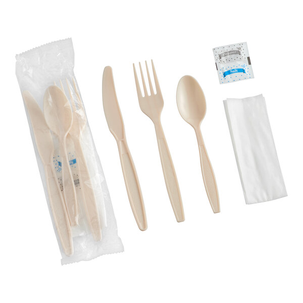 Choice Beige Extra Heavy Weight Wrapped Polystyrene Plastic Cutlery Pack with Napkin and Salt and Pepper Packets - 500/Case