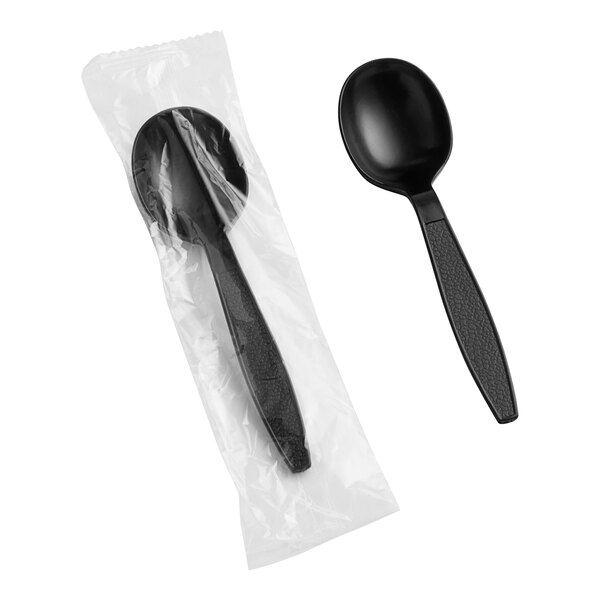 A plastic bag with Choice black plastic soup spoons inside.
