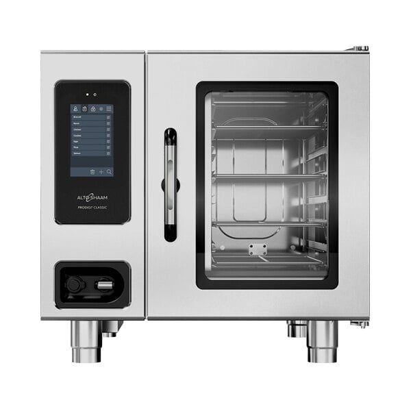 An Alto-Shaam stainless steel countertop combi oven with a digital display.