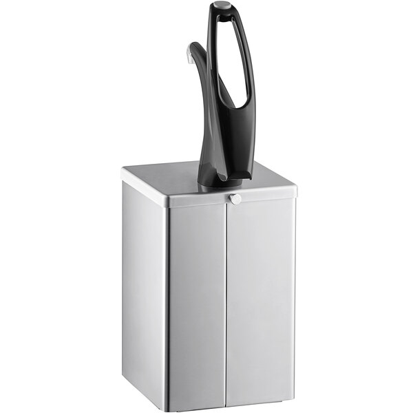 A white rectangular San Jamar countertop condiment dispenser with a black and silver pump.