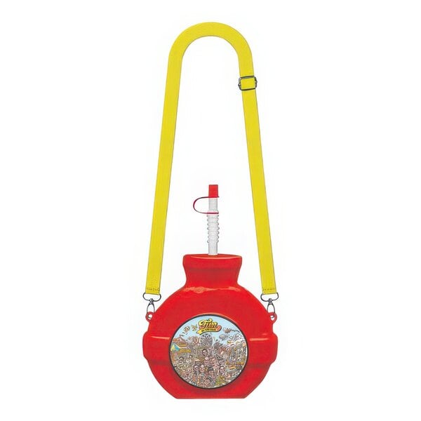 A red plastic canteen with a yellow strap and a "Fun at the Fair" cartoon image.