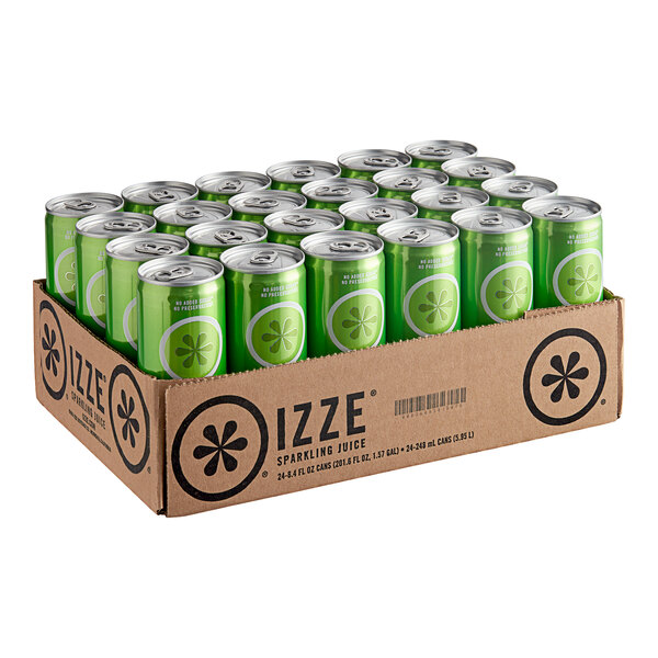 A cardboard box of green Izze Apple Sparkling Juice cans.