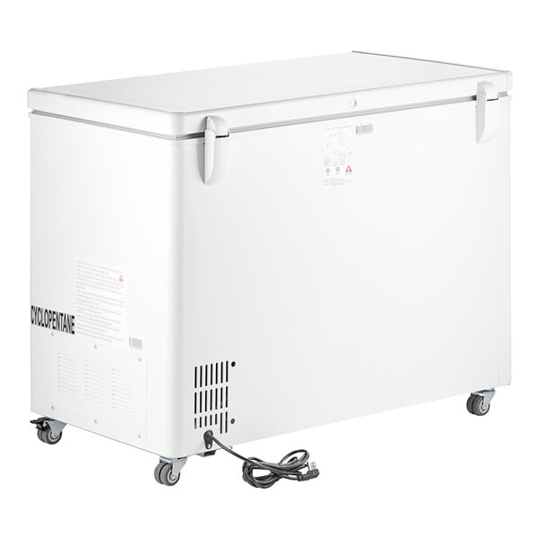 A white Galaxy Ultra Cold chest freezer on wheels.