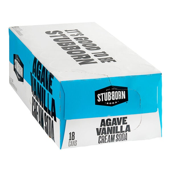 A white box of Stubborn Agave Vanilla Cream Soda with blue and black text.