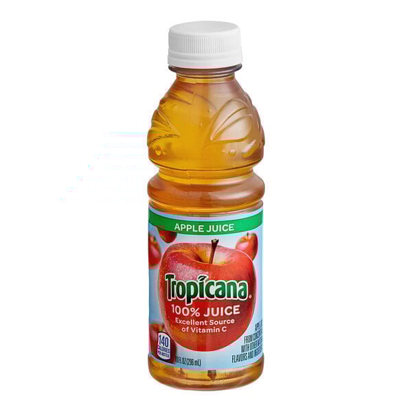 A Tropicana Apple Juice bottle with a label.