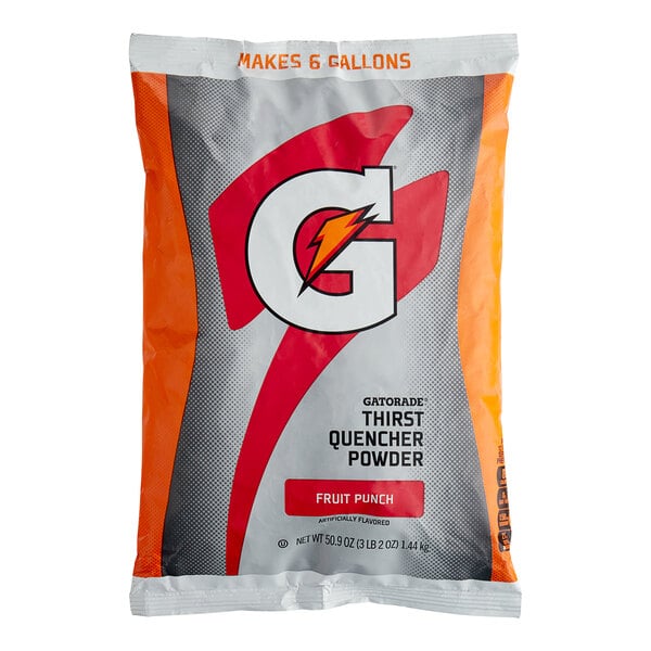 A bag of Gatorade Fruit Punch sports drink powder.