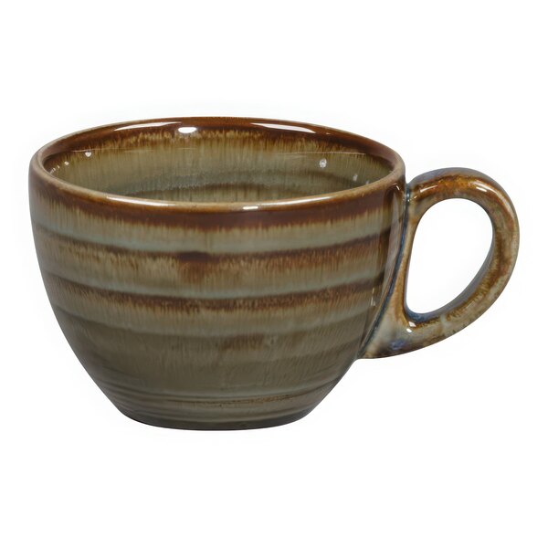 A brown and white porcelain coffee cup with a handle.