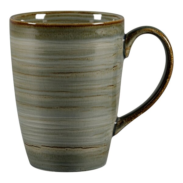 A close-up of a gray RAK Porcelain mug with a brown handle.