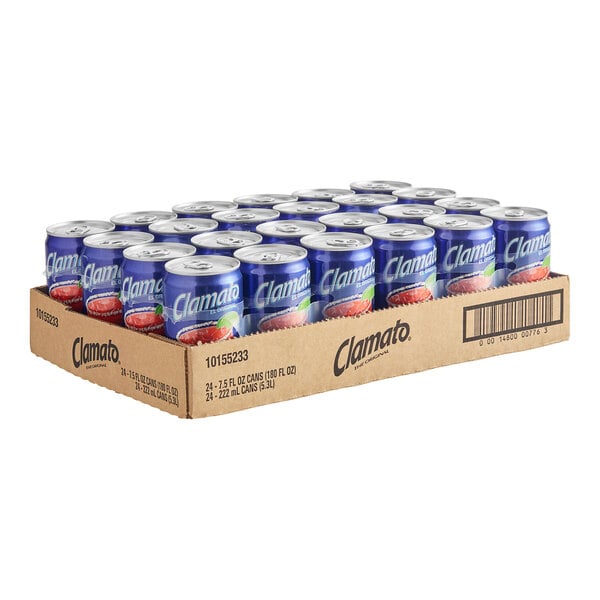 A cardboard box of Clamato Original Tomato Cocktail cans.