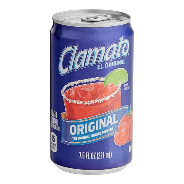 A blue and red Clamato Original Tomato Cocktail 7.5 oz can.