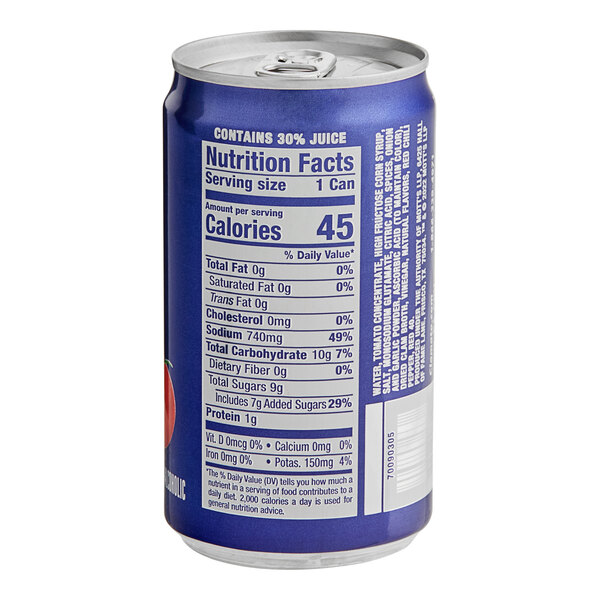 A close-up of a Clamato Original Tomato Cocktail can with a blue and white label.