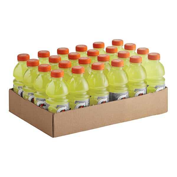 A box of yellow Gatorade Lemon Lime sports drink bottles.