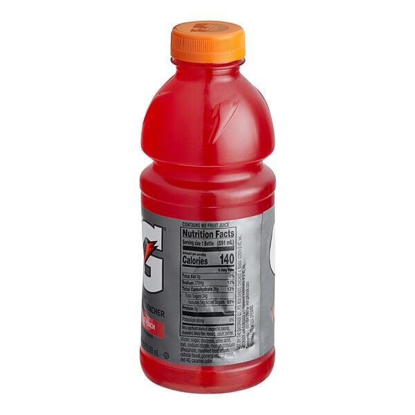 A close-up of a Gatorade Fruit Punch bottle with a red label.