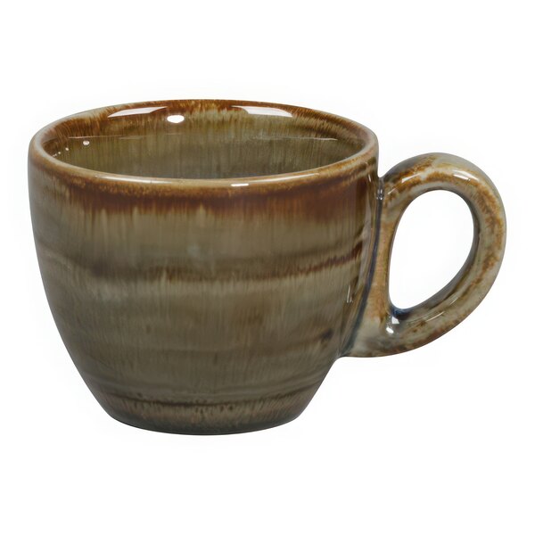 A brown and white RAK Porcelain espresso cup with a handle.