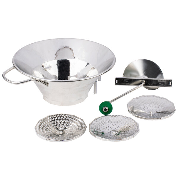 A group of silver Tellier rotary food mill attachments.