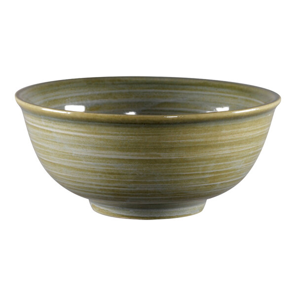 A close-up of a RAK Porcelain jade bowl with a white rim.