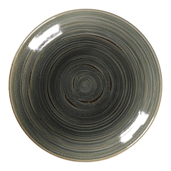 A grey RAK Porcelain deep coupe plate with a grey and black swirl design.