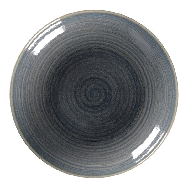 A jade porcelain deep coupe plate with a black and white swirl design.