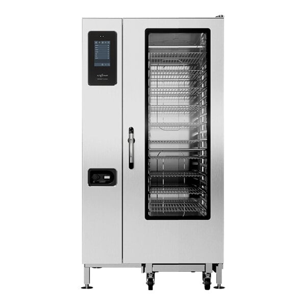 A large stainless steel Alto-Shaam combi oven with a glass door.