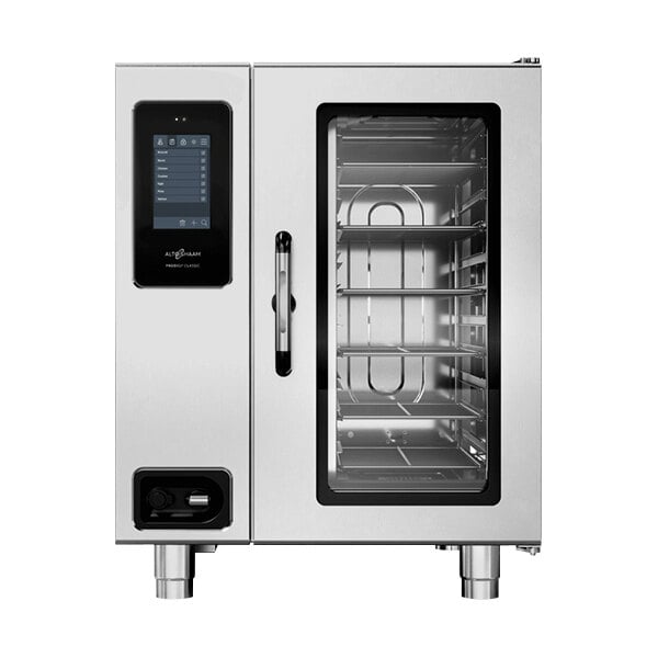 An Alto-Shaam stainless steel commercial oven with a glass door.