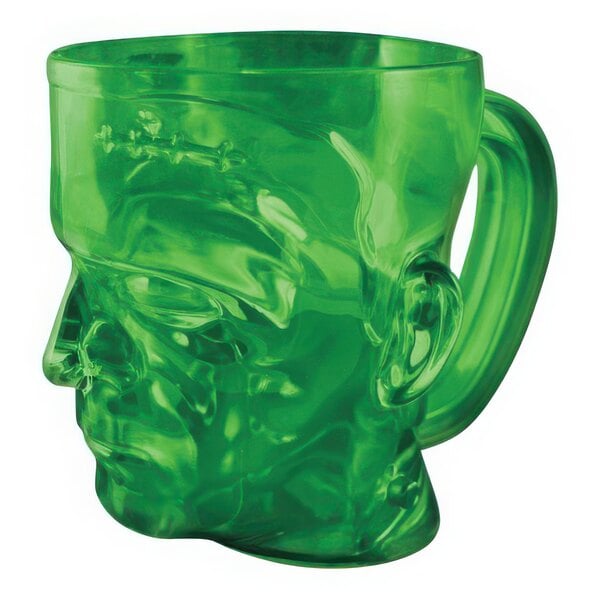 A green plastic Franken-Stein mug with a face on it.