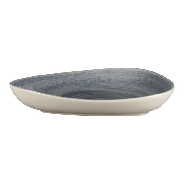 A white porcelain deep plate with a gray and white organic design on the inside.