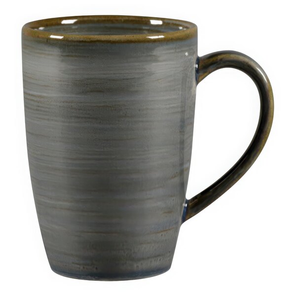 A grey RAK Porcelain mug with a jade handle.