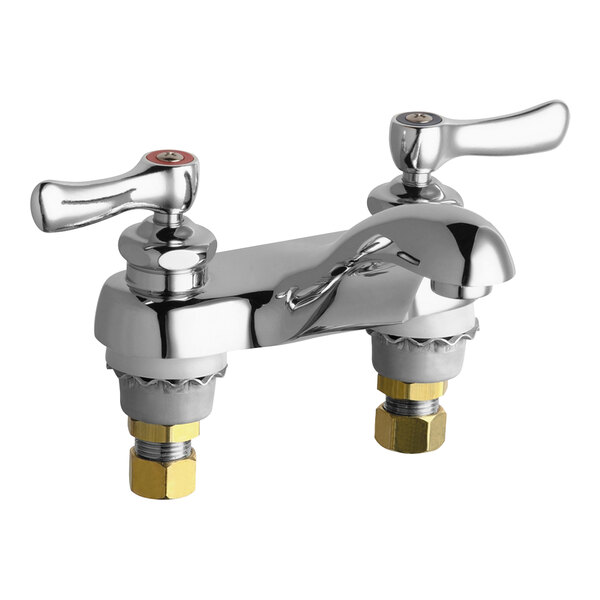 A Chicago Faucets chrome deck-mounted faucet with cast brass spout and two lever handles.