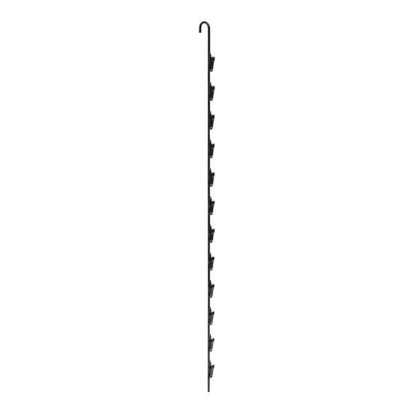 A long black metal hanging display strip with clips on it.