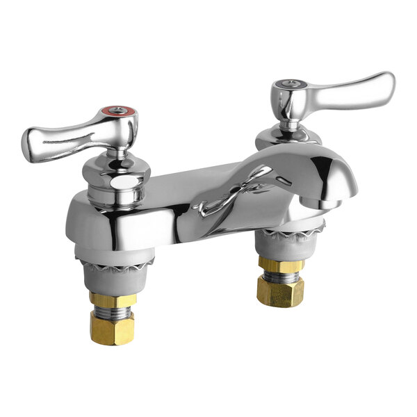 A chrome Chicago Faucets deck-mounted faucet with two lever handles.