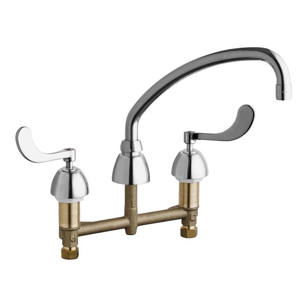A white Chicago Faucets deck-mount faucet with levers and a couple of handles.