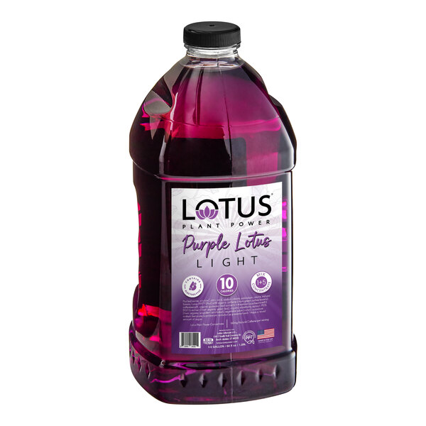 A large clear plastic bottle filled with a purple liquid and labeled 'Lotus Plant Power Purple Lotus Light' with additional product information on the front.