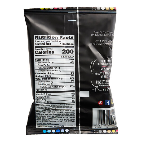 A black bag of Stacy's Cinnamon Sugar Pita Chips with white and black text.