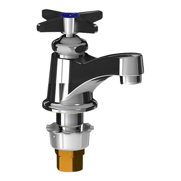 A silver Chicago Faucets deck-mounted single supply faucet with a black and silver cross handle.