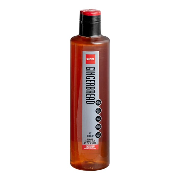 A bottle of SHOTT Gingerbread flavoring syrup with red liquid inside.