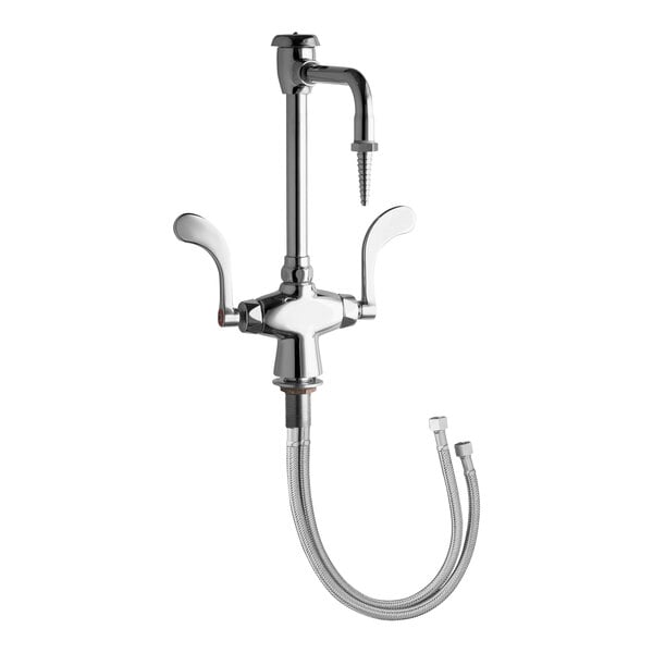 A Chicago Faucets chrome laboratory faucet with a silver hose attached.
