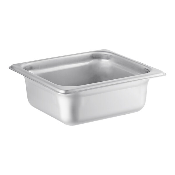 A stainless steel Choice 1/6 size steam table pan with a lid.