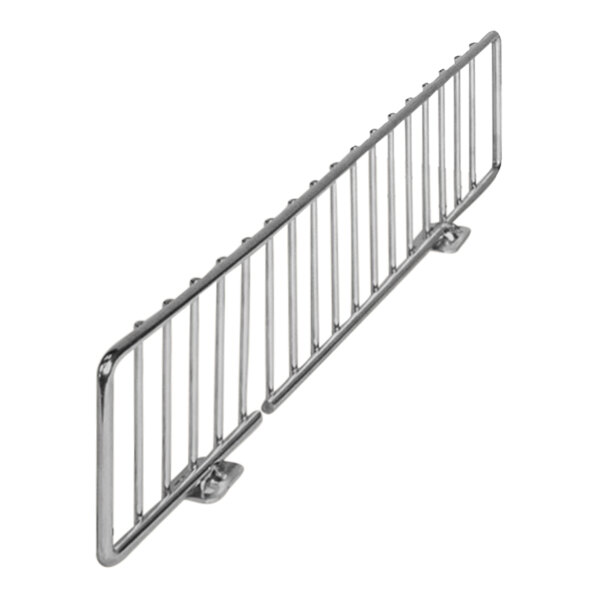 Chrome metal side fencing for a gondola shelving unit.