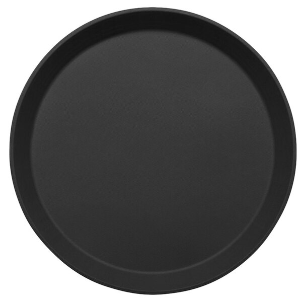 A close-up of a black round Cambro non-skid serving tray.
