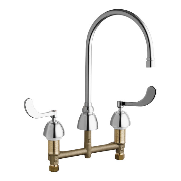 A chrome Chicago Faucets deck-mounted faucet with two lever handles and a gooseneck spout.