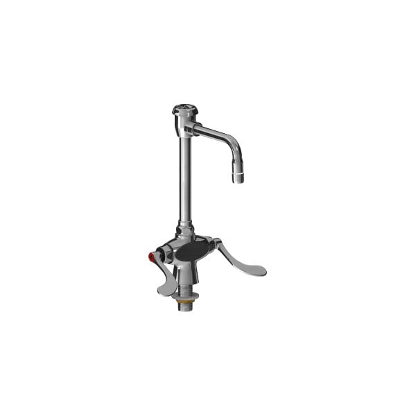 A Chicago Faucets deck-mounted faucet with gooseneck spout and wristblade handles.