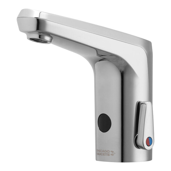 A silver Chicago Faucets deck-mounted touchless faucet with a blue button and red handle.