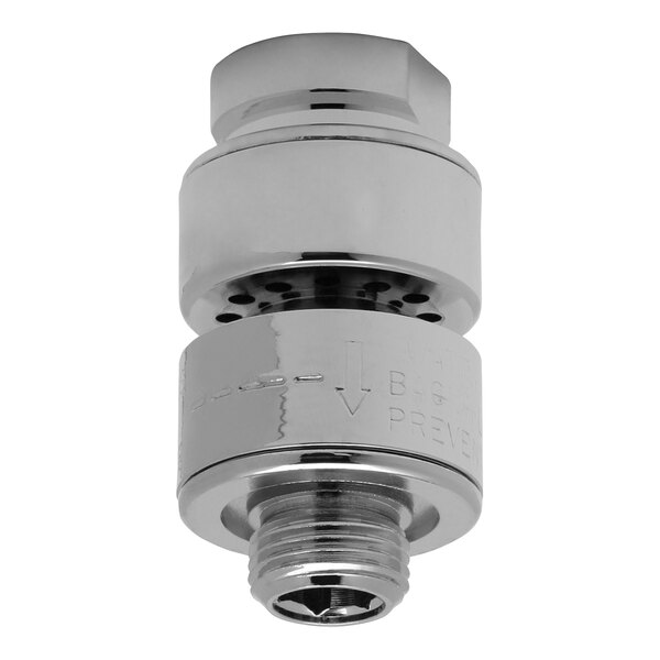 A close-up of a Chicago Faucets stainless steel threaded pipe fitting.