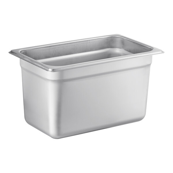 A silver Choice 1/4 size stainless steel pan with a lid.