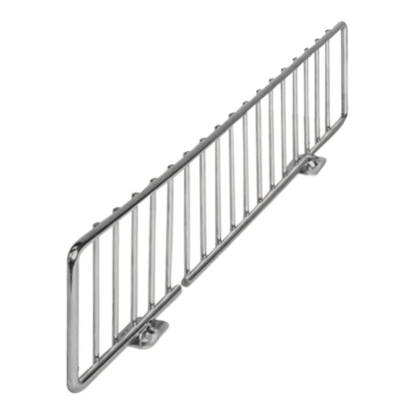 A chrome metal divider for gondola shelving.