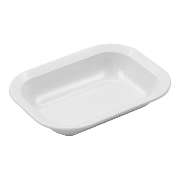 A white rectangular Carlisle baker/server dish.