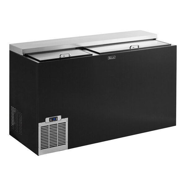 A black Perlick bottle cooler with a silver top and glass doors.