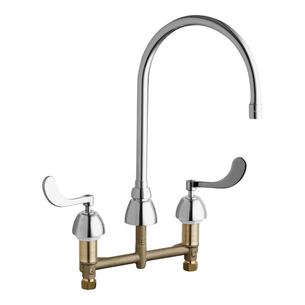 A Chicago Faucets deck-mounted faucet with 8" rigid/swing gooseneck spout and 4" wristblade handles in brass.